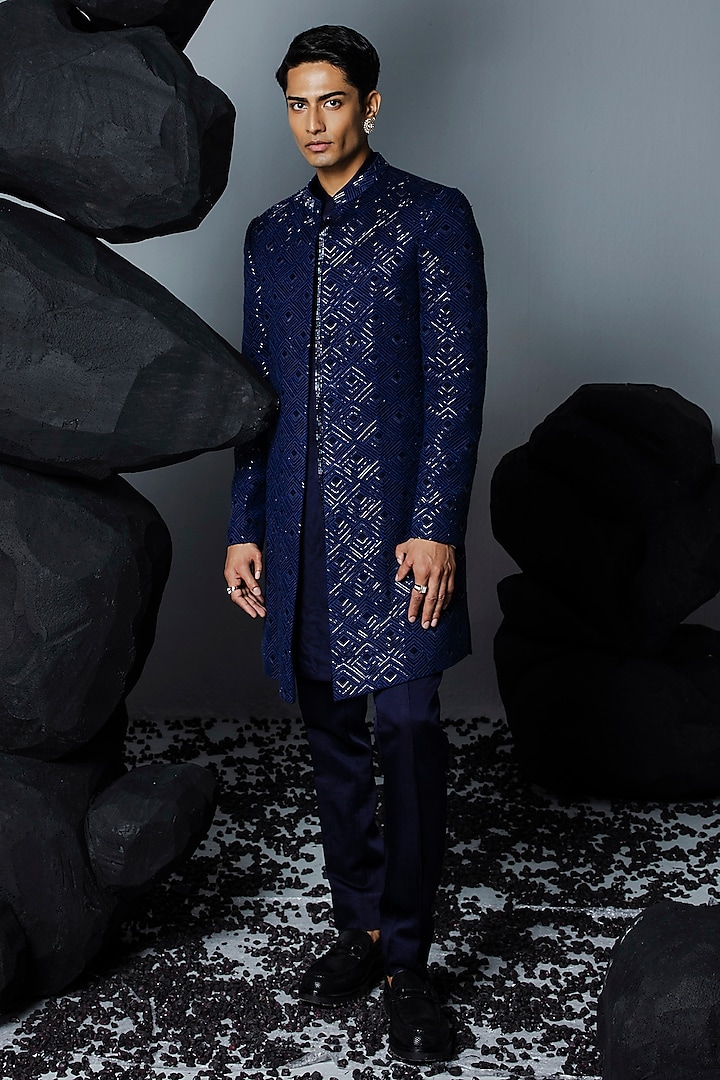 Blue Pure Silk Hand Embroidered Sherwani Set by Contrast By Parth