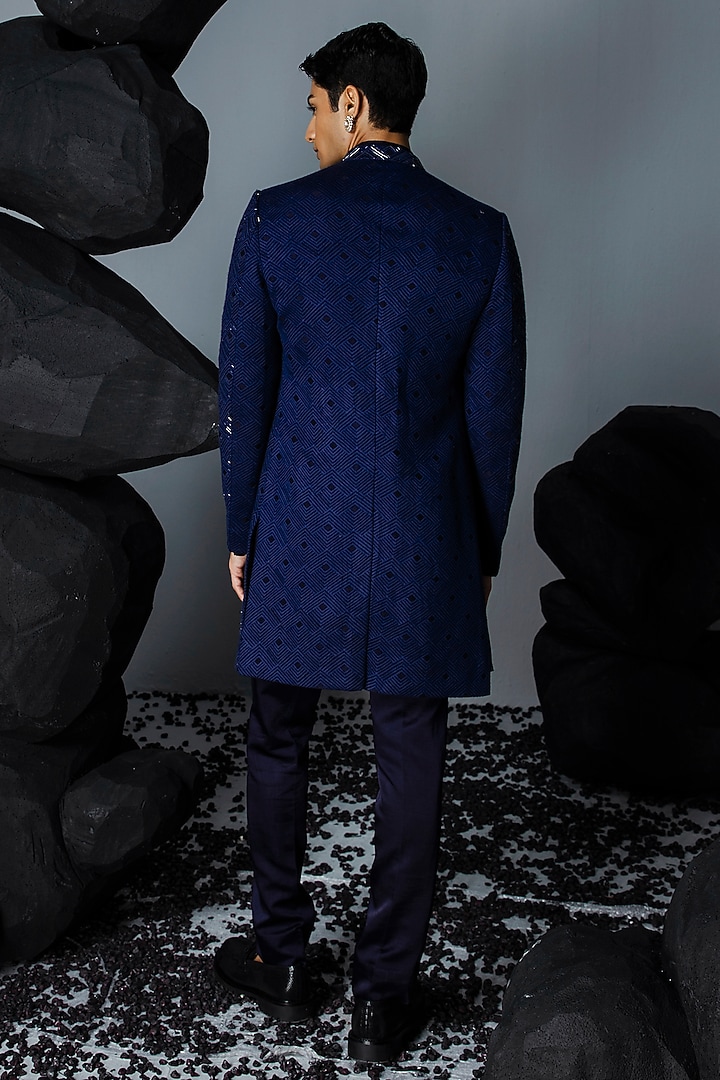 Blue Pure Silk Hand Embroidered Wedding Sherwani Set by Contrast By Parth at Pernia's Pop Up Shop