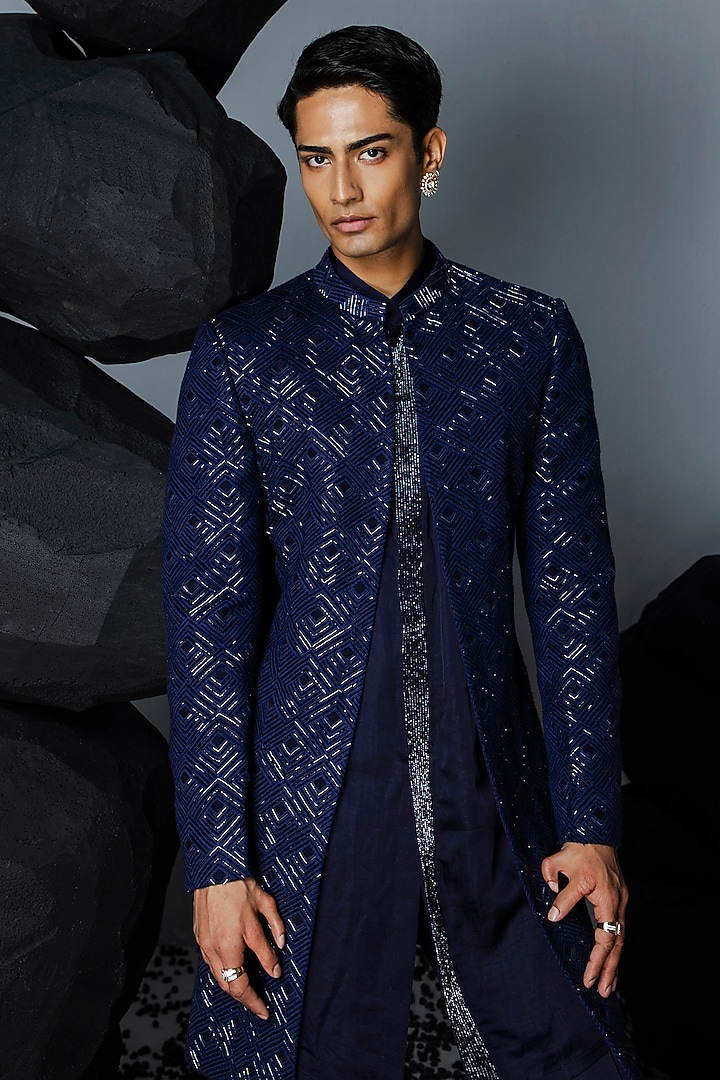 Blue Pure Silk Hand Embroidered Wedding Sherwani Set by Contrast By Parth at Pernia's Pop Up Shop