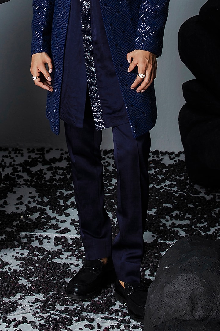 Blue Pure Silk Hand Embroidered Wedding Sherwani Set by Contrast By Parth at Pernia's Pop Up Shop