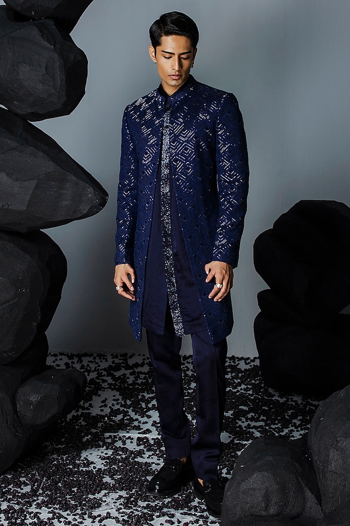 Blue Pure Silk Hand Embroidered Wedding Sherwani Set by Contrast By Parth at Pernia's Pop Up Shop