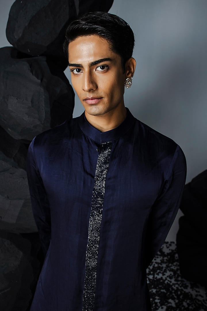 Blue Pure Silk Hand Embroidered Wedding Sherwani Set by Contrast By Parth at Pernia's Pop Up Shop