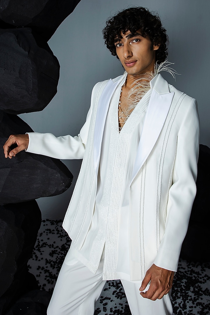 Ivory Japanese Suiting Embroidered Jacket Set by Contrast By Parth at Pernia's Pop Up Shop