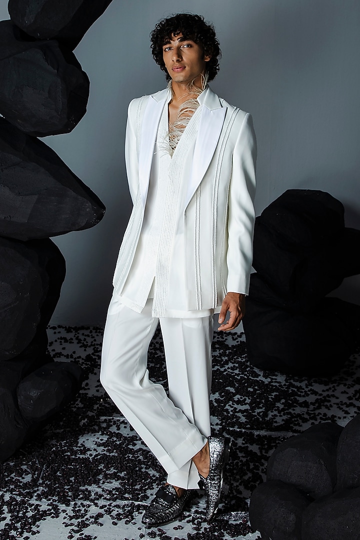 Ivory Japanese Suiting Embroidered Jacket Set by Contrast By Parth at Pernia's Pop Up Shop