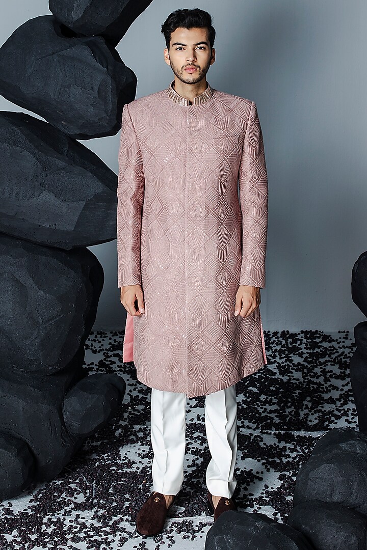 Mauve Pure Silk Hand Embroidered Sherwani Set by Contrast By Parth