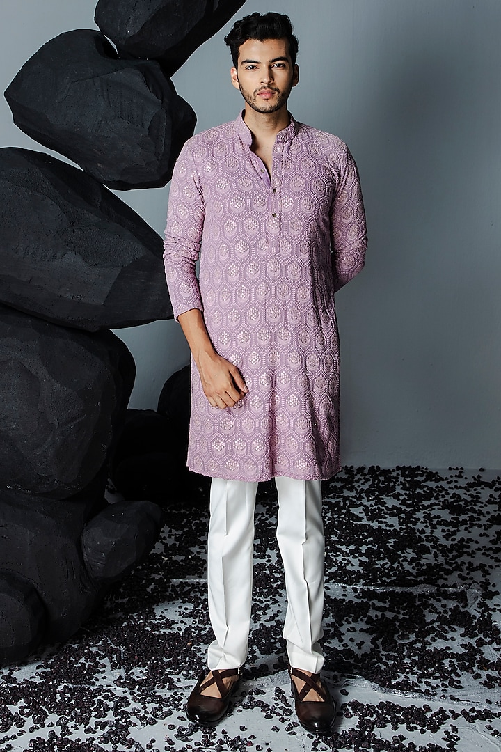 Lavender Georgette Resham Embroidered Kurta Set by Contrast By Parth