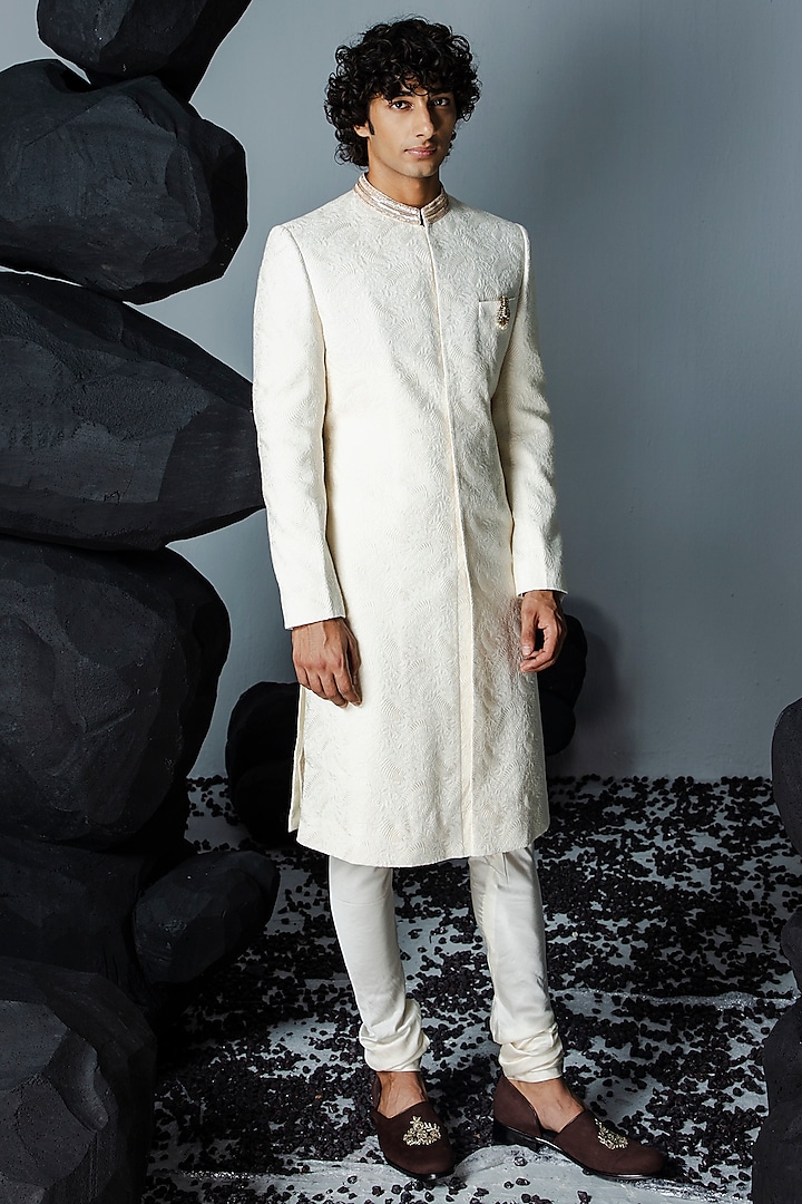 Ivory Georgette Hand Embroidered Sherwani Set by Contrast By Parth
