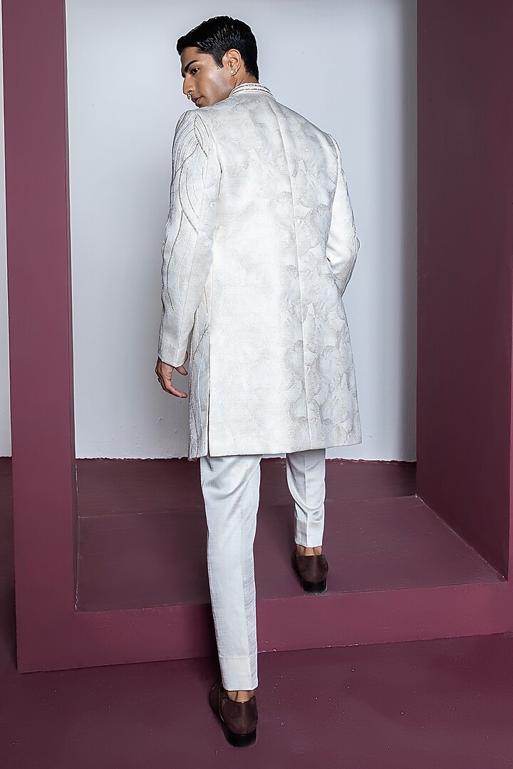 Off-White Jacquard Hand & Machine Embroidered Wedding Indowestern Set by Contrast By Parth at Pernia's Pop Up Shop