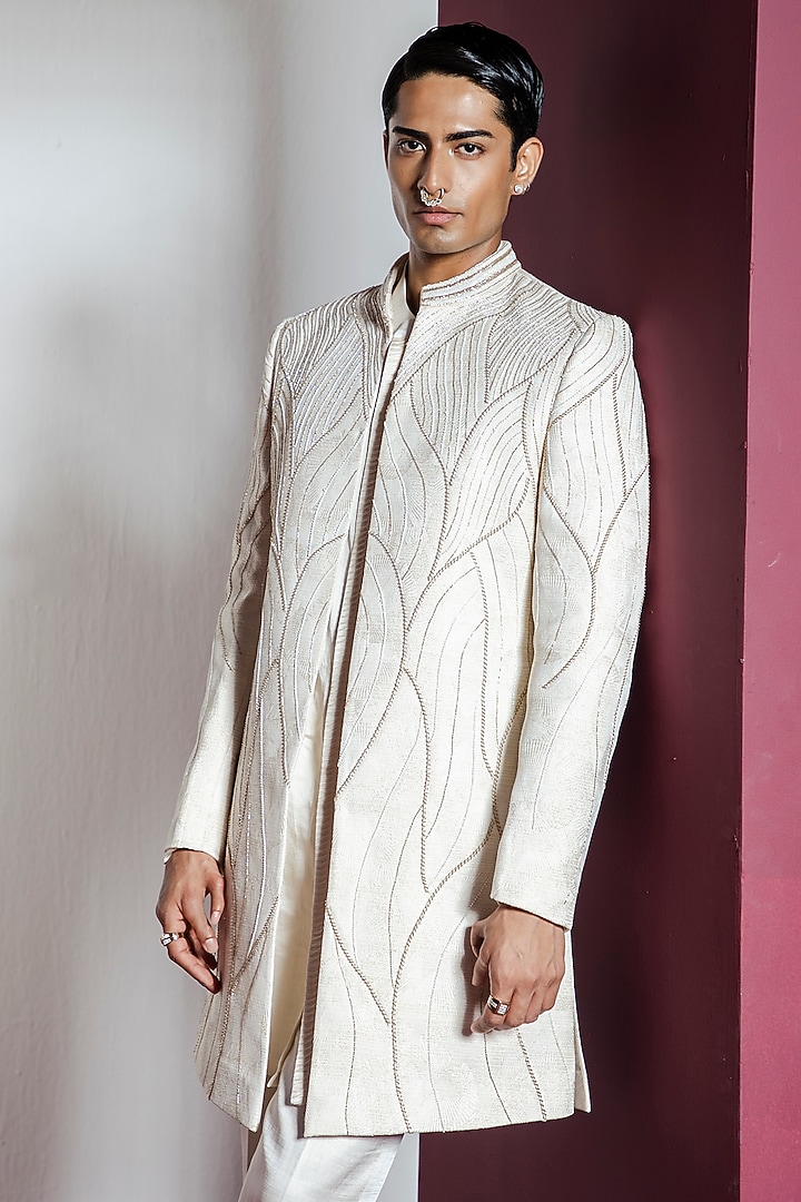 Off-White Jacquard Hand & Machine Embroidered Wedding Indowestern Set by Contrast By Parth at Pernia's Pop Up Shop