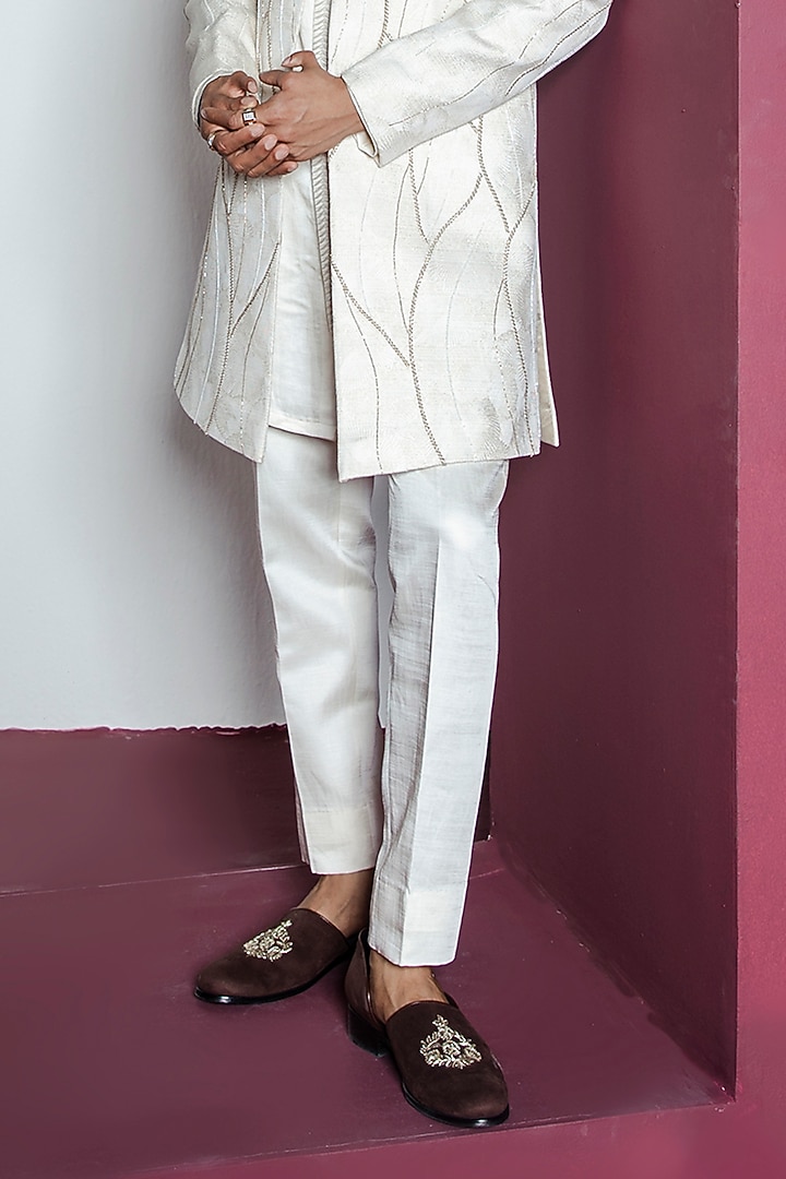 Off-White Jacquard Hand & Machine Embroidered Wedding Indowestern Set by Contrast By Parth at Pernia's Pop Up Shop
