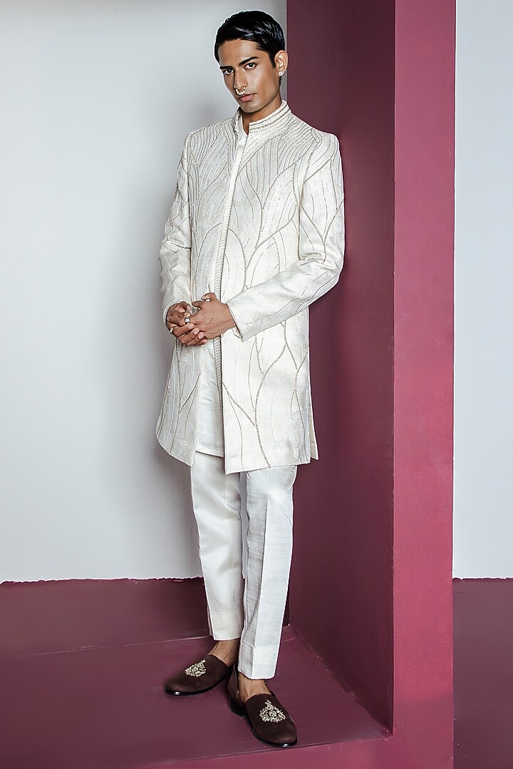 Off-White Jacquard Hand & Machine Embroidered Wedding Indowestern Set by Contrast By Parth at Pernia's Pop Up Shop