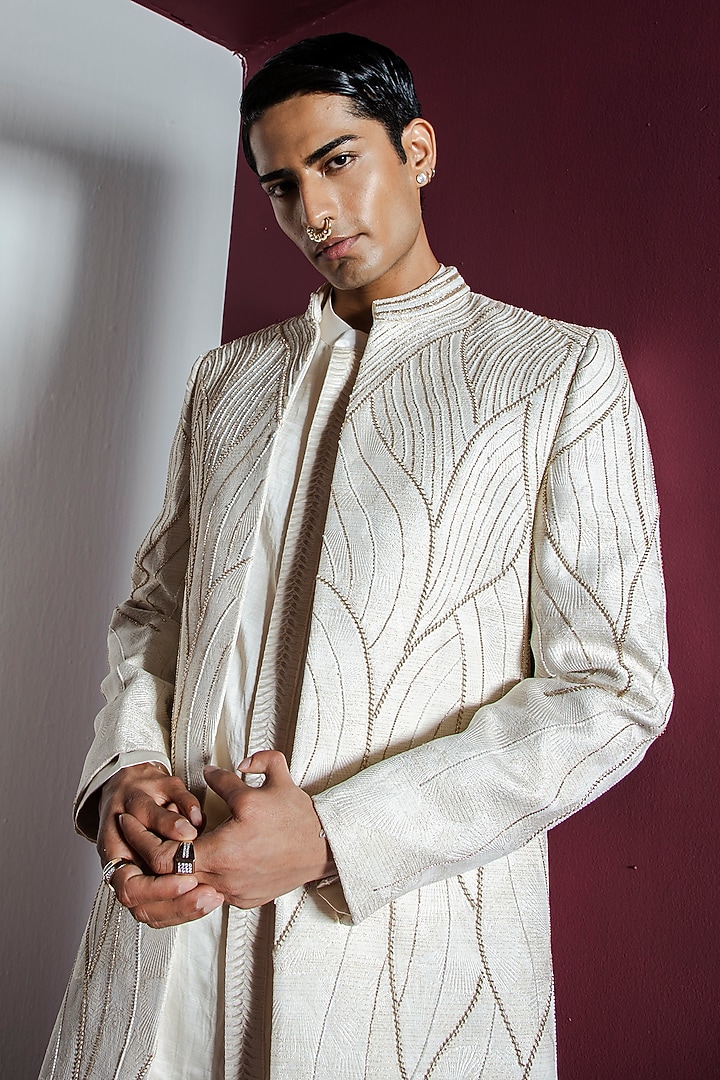 Off-White Jacquard Hand & Machine Embroidered Wedding Indowestern Set by Contrast By Parth at Pernia's Pop Up Shop