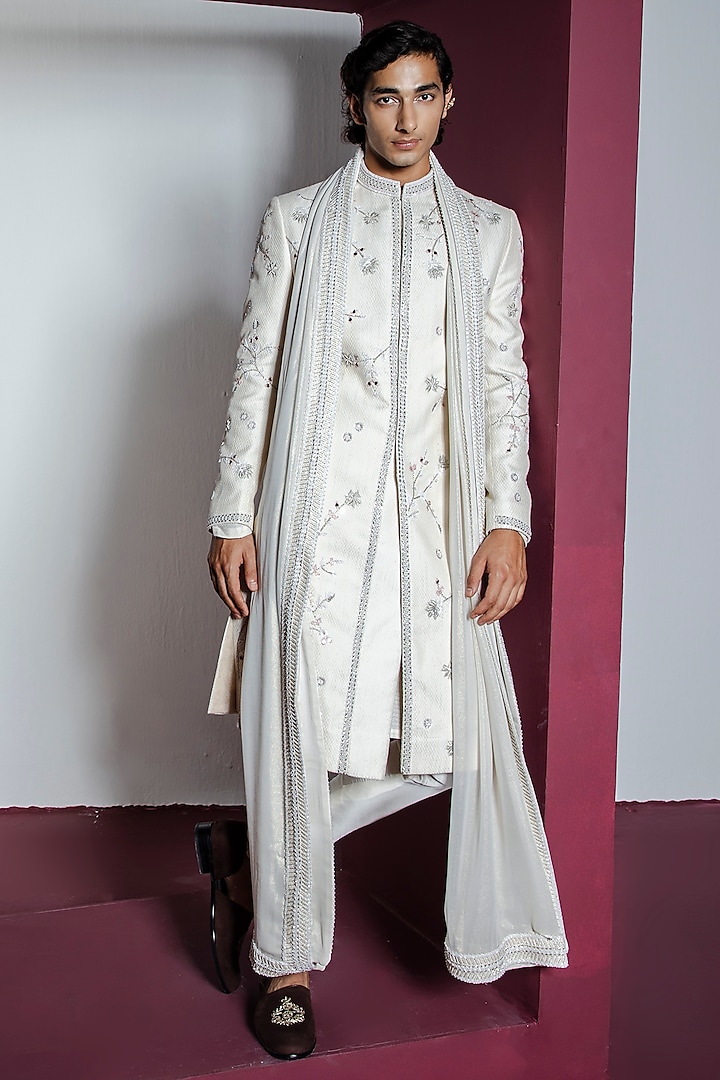 Off-White Jacquard Hand & Machine Embroidered Sherwani Set by Contrast By Parth