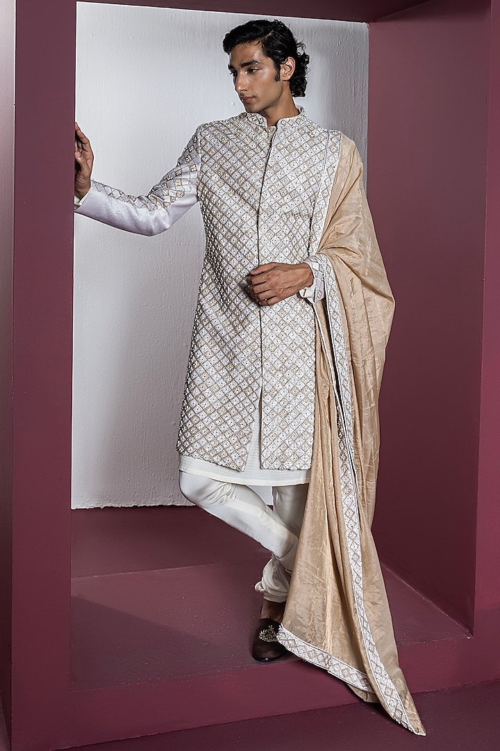 Off-White Raw Silk Hand & Machine Embroidered Sherwani Set by Contrast By Parth