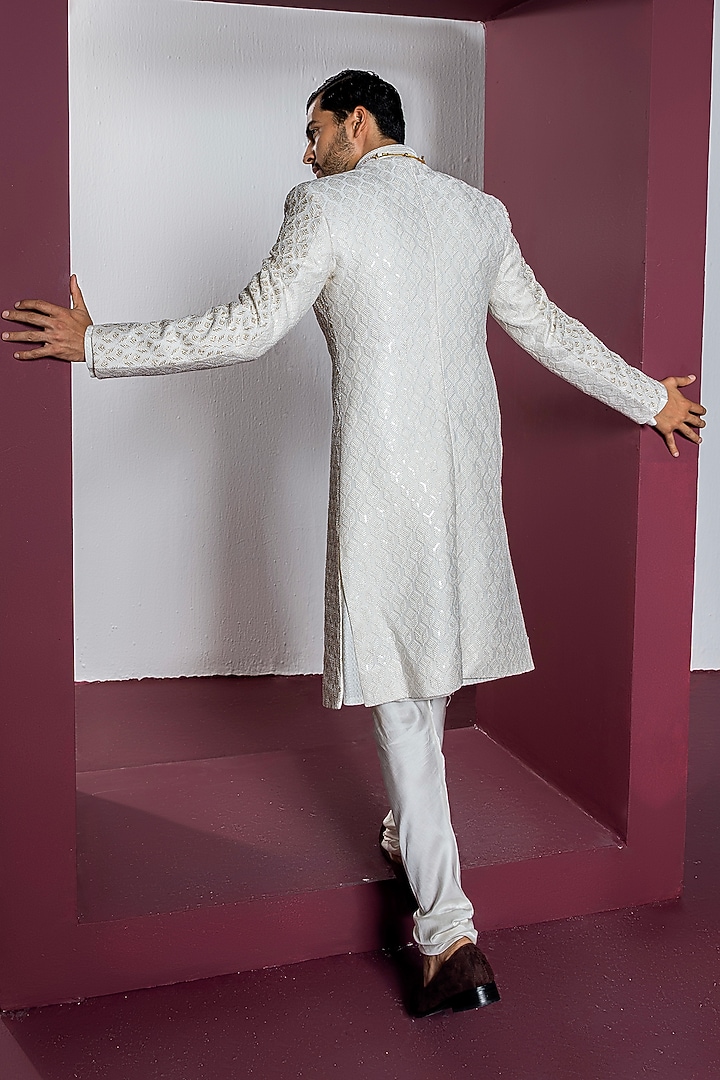 Ivory Pure Silk Hand Embroidered Wedding Sherwani Set by Contrast By Parth at Pernia's Pop Up Shop