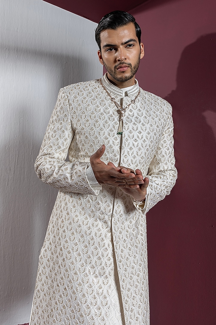 Ivory Pure Silk Hand Embroidered Wedding Sherwani Set by Contrast By Parth at Pernia's Pop Up Shop