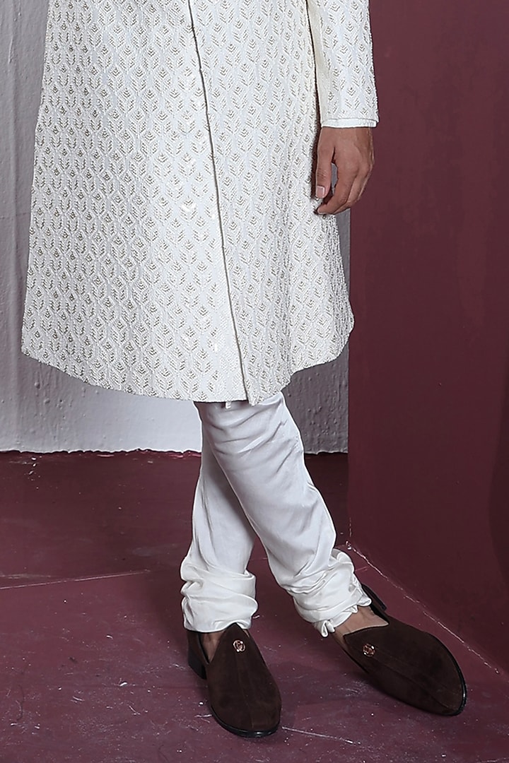 Ivory Pure Silk Hand Embroidered Wedding Sherwani Set by Contrast By Parth at Pernia's Pop Up Shop
