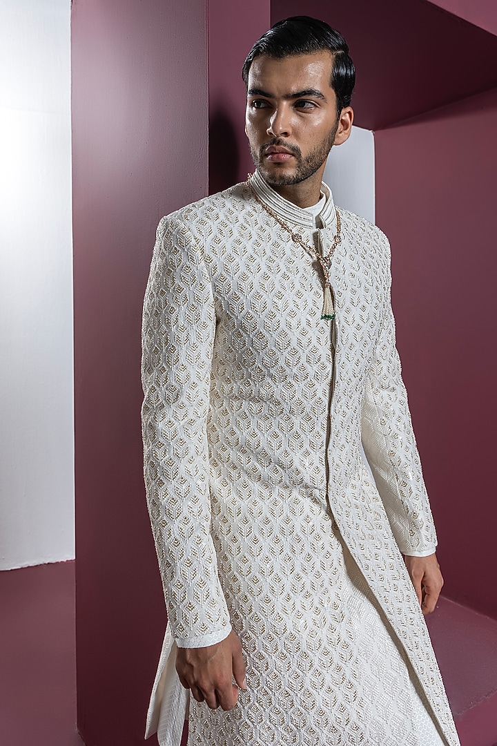 Ivory Pure Silk Hand Embroidered Wedding Sherwani Set by Contrast By Parth at Pernia's Pop Up Shop