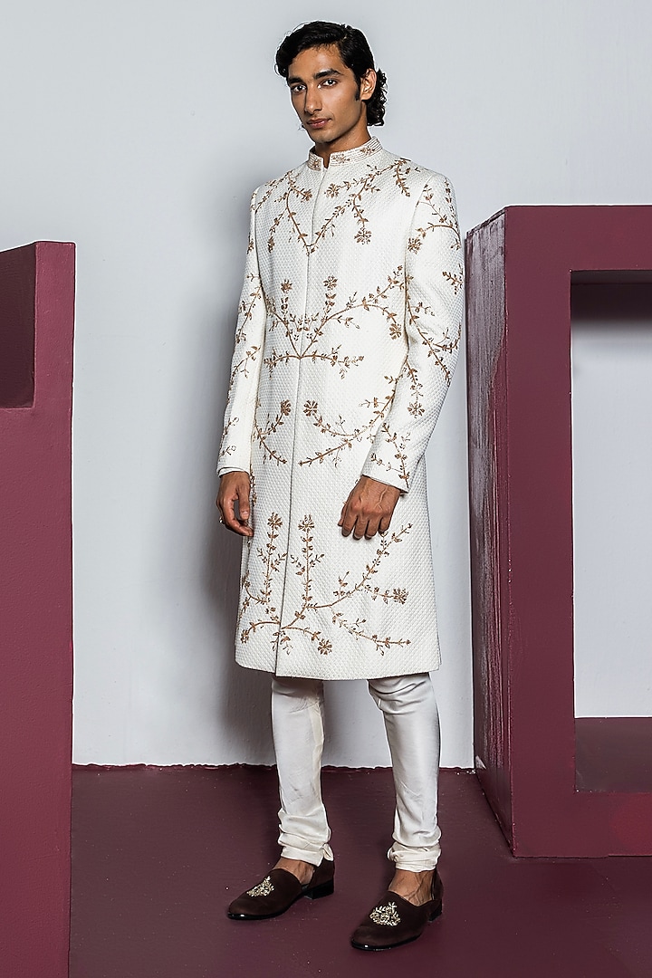 Ivory Jacquard Hand Embroidered Sherwani Set by Contrast By Parth