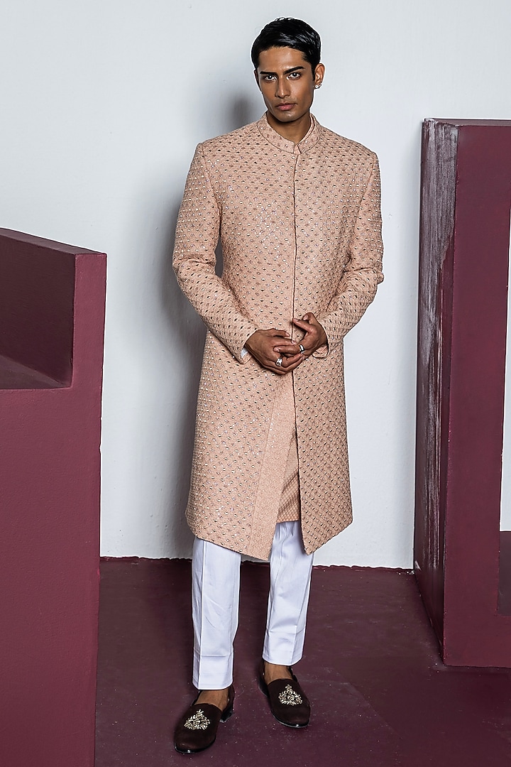 Rose Pink Pure Silk Hand & Machine Embroidered Wedding Sherwani Set by Contrast By Parth at Pernia's Pop Up Shop