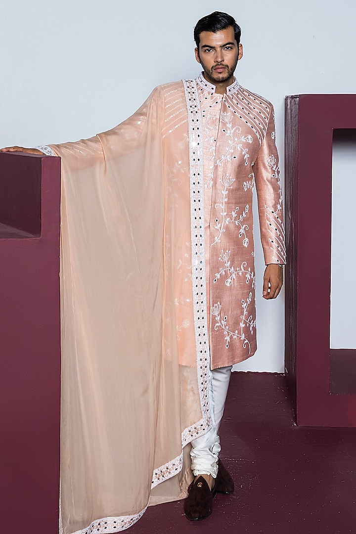 Rose Tint Raw Silk Hand Embroidered Sherwani Set by Contrast By Parth
