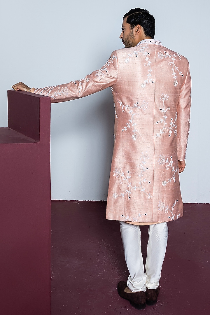 Rose Tint Raw Silk Hand Embroidered Groom Sherwani Set by Contrast By Parth at Pernia's Pop Up Shop