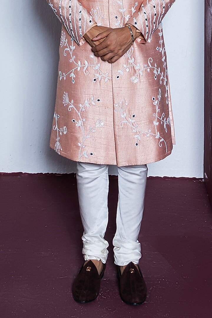 Rose Tint Raw Silk Hand Embroidered Groom Sherwani Set by Contrast By Parth at Pernia's Pop Up Shop