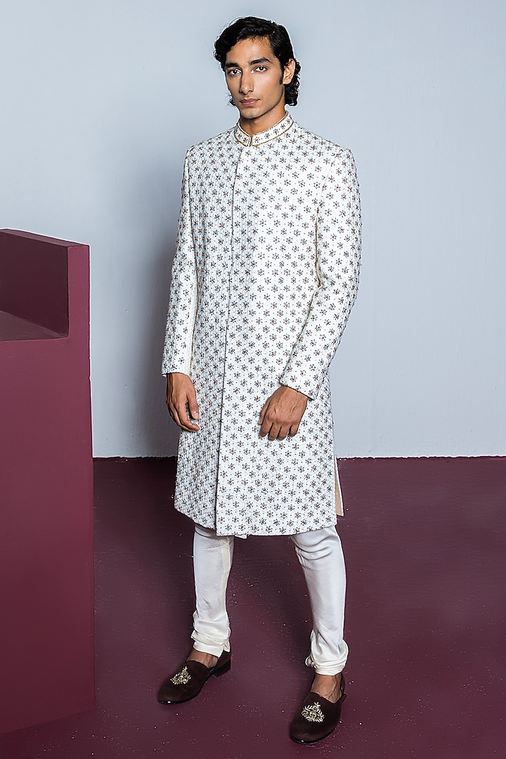 Ivory Jacquard Hand Embroidered Sherwani Set by Contrast By Parth