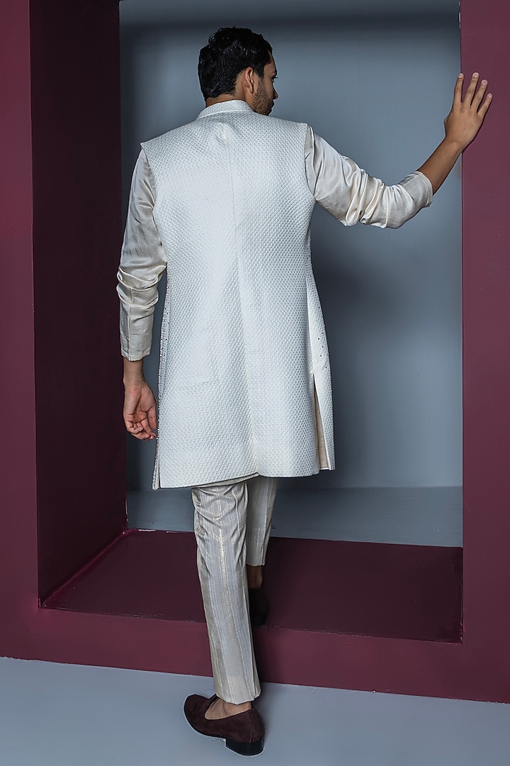 Ivory Jacquard Hand Embroidered Wedding Indowestern Set by Contrast By Parth at Pernia's Pop Up Shop