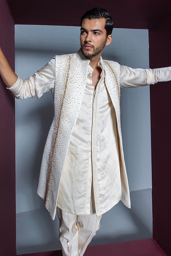 Ivory Jacquard Hand Embroidered Wedding Indowestern Set by Contrast By Parth at Pernia's Pop Up Shop