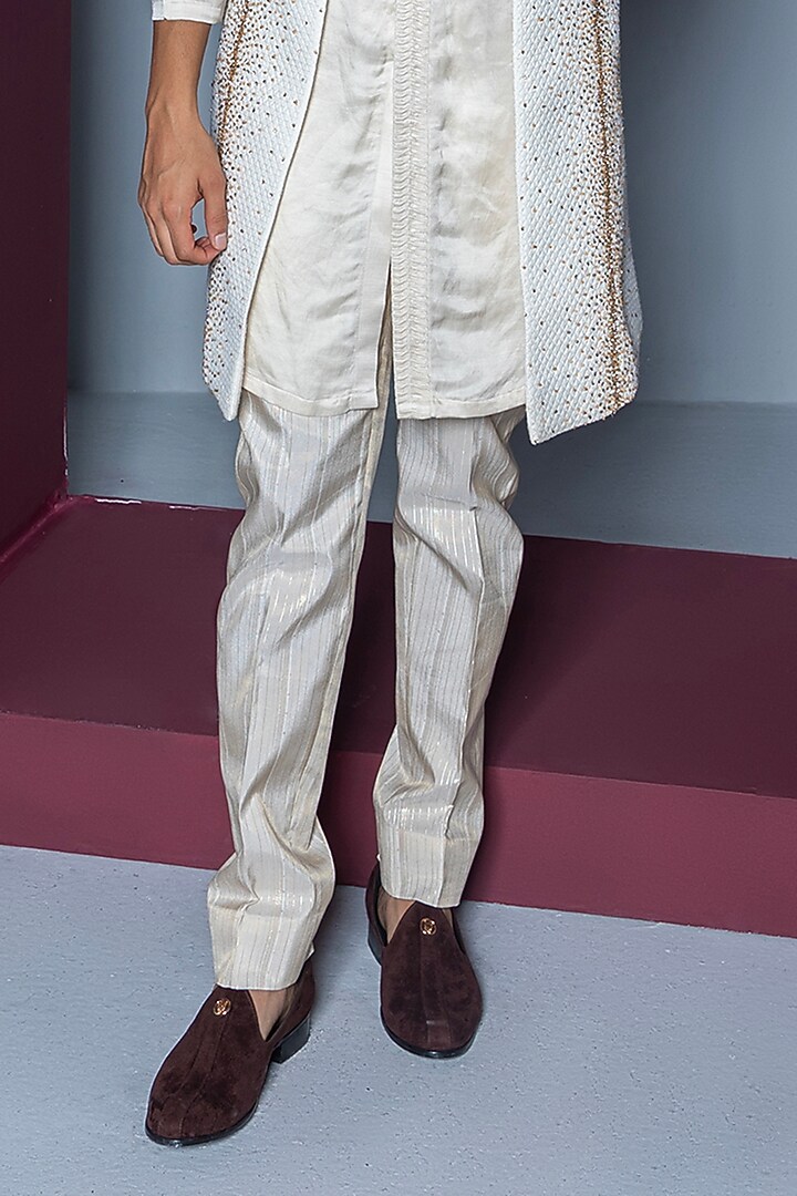 Ivory Jacquard Hand Embroidered Wedding Indowestern Set by Contrast By Parth at Pernia's Pop Up Shop