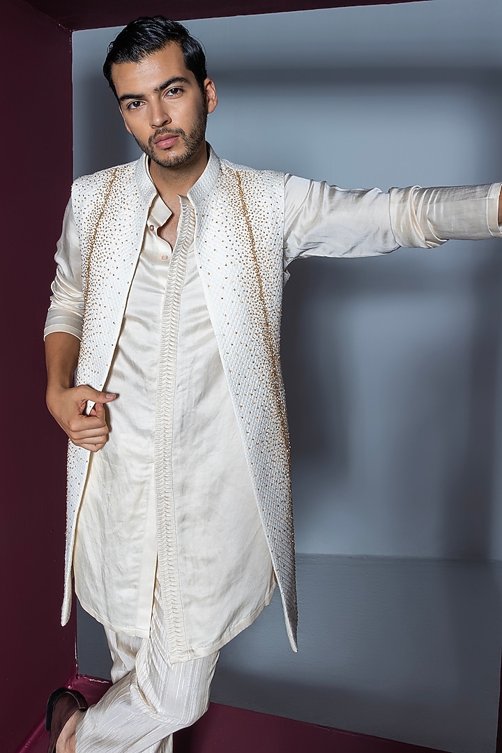 Ivory Jacquard Hand Embroidered Wedding Indowestern Set by Contrast By Parth at Pernia's Pop Up Shop