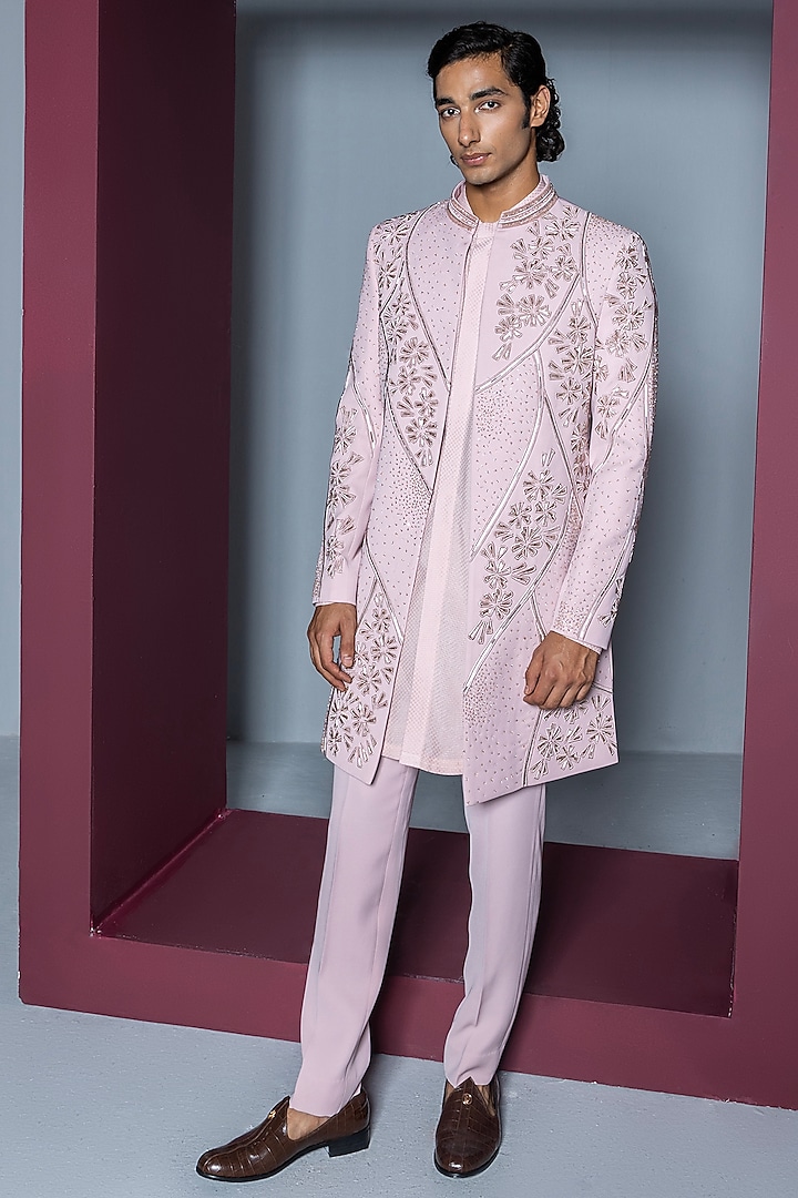 Pale Pink Japanese Suiting Glass Beads Embellished Sherwani Set by Contrast By Parth