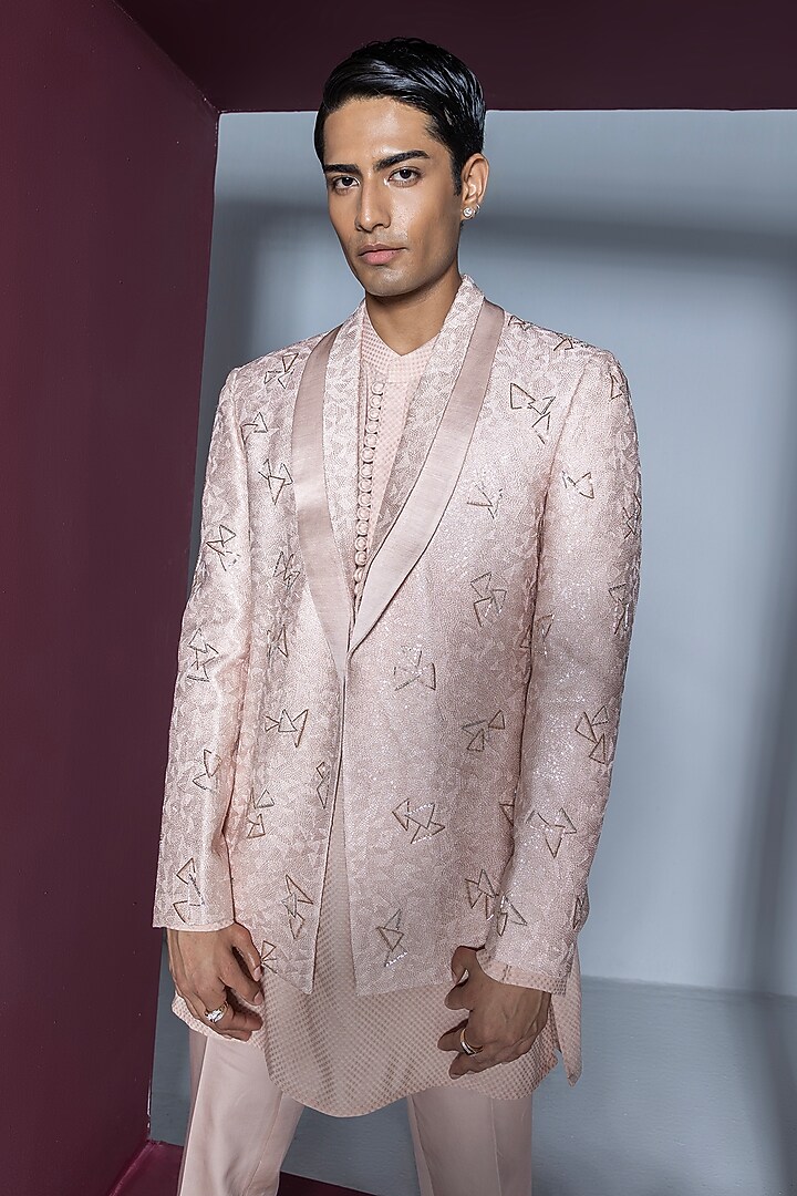Light Pink Pure Silk Hand Embroidered Jacket Set by Contrast By Parth at Pernia's Pop Up Shop