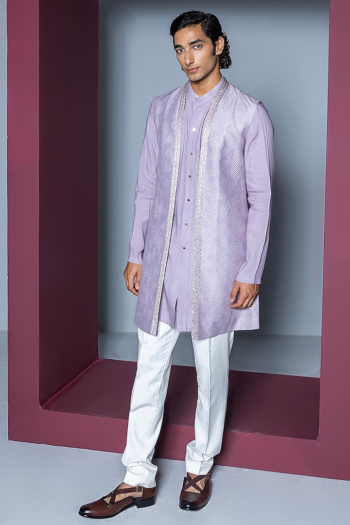 Lilac Pure Silk Hand Embroidered Indowestern Set by Contrast By Parth