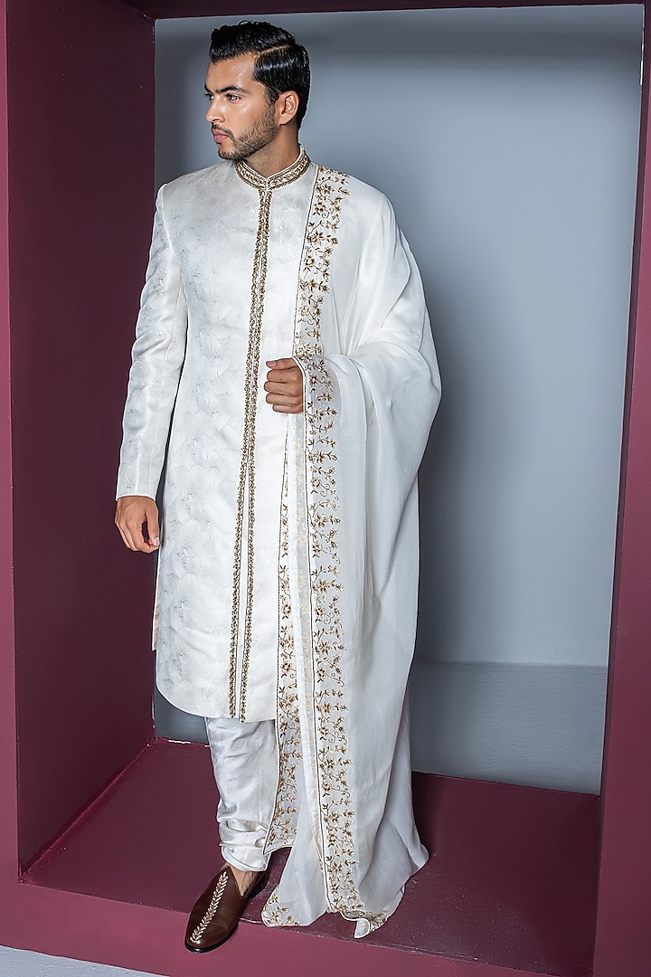 Off-White Jacquard Hand Embroidered Sherwani Set by Contrast By Parth