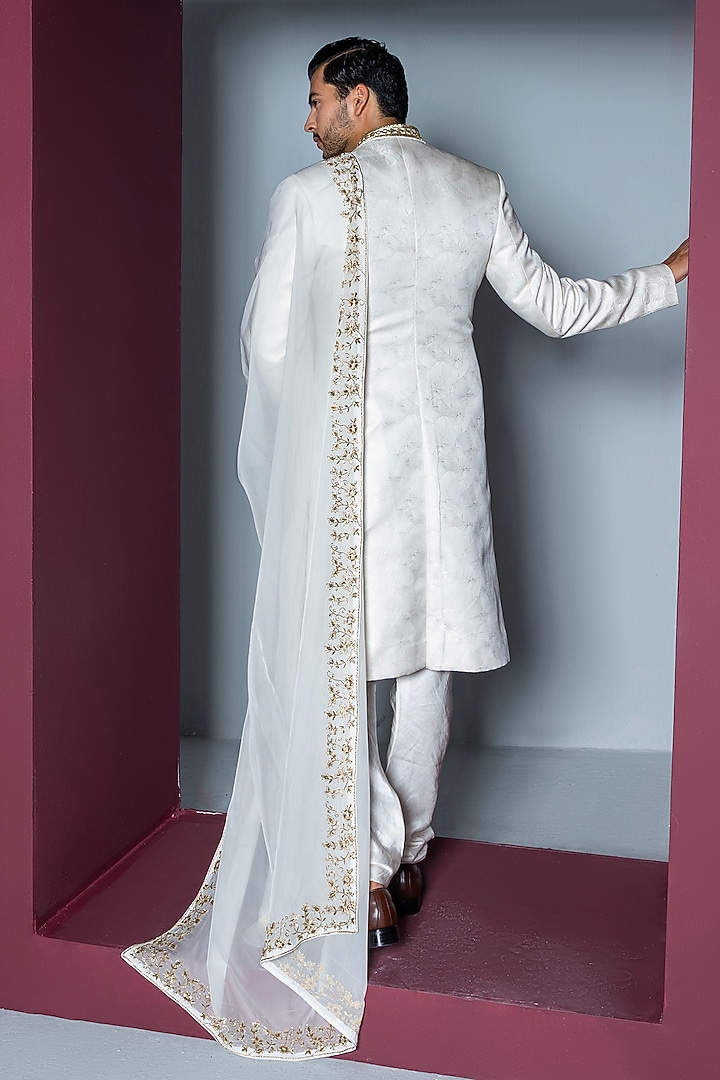 Off-White Jacquard Hand Embroidered Groom Sherwani Set by Contrast By Parth at Pernia's Pop Up Shop