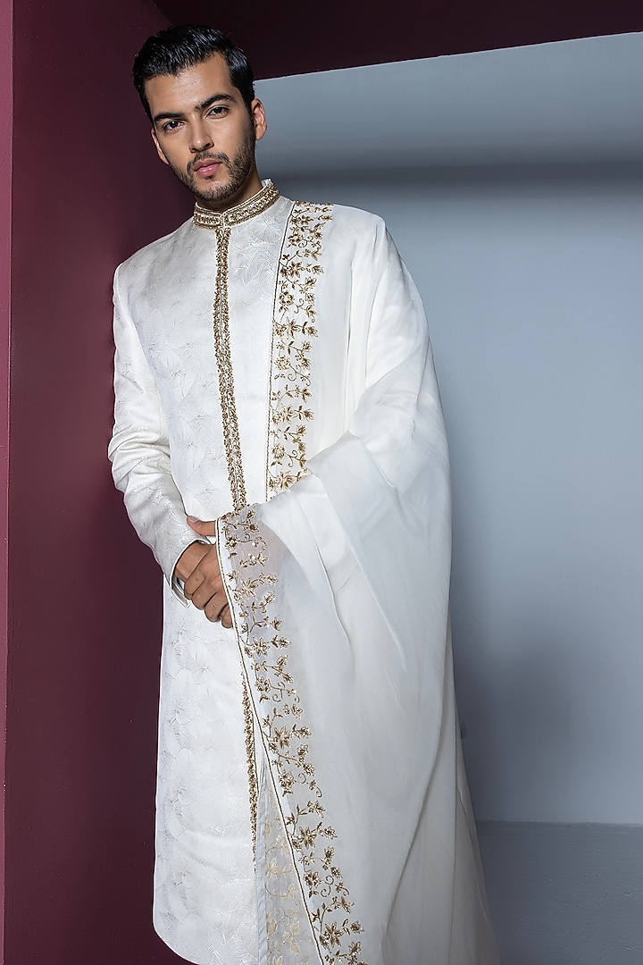 Off-White Jacquard Hand Embroidered Groom Sherwani Set by Contrast By Parth at Pernia's Pop Up Shop