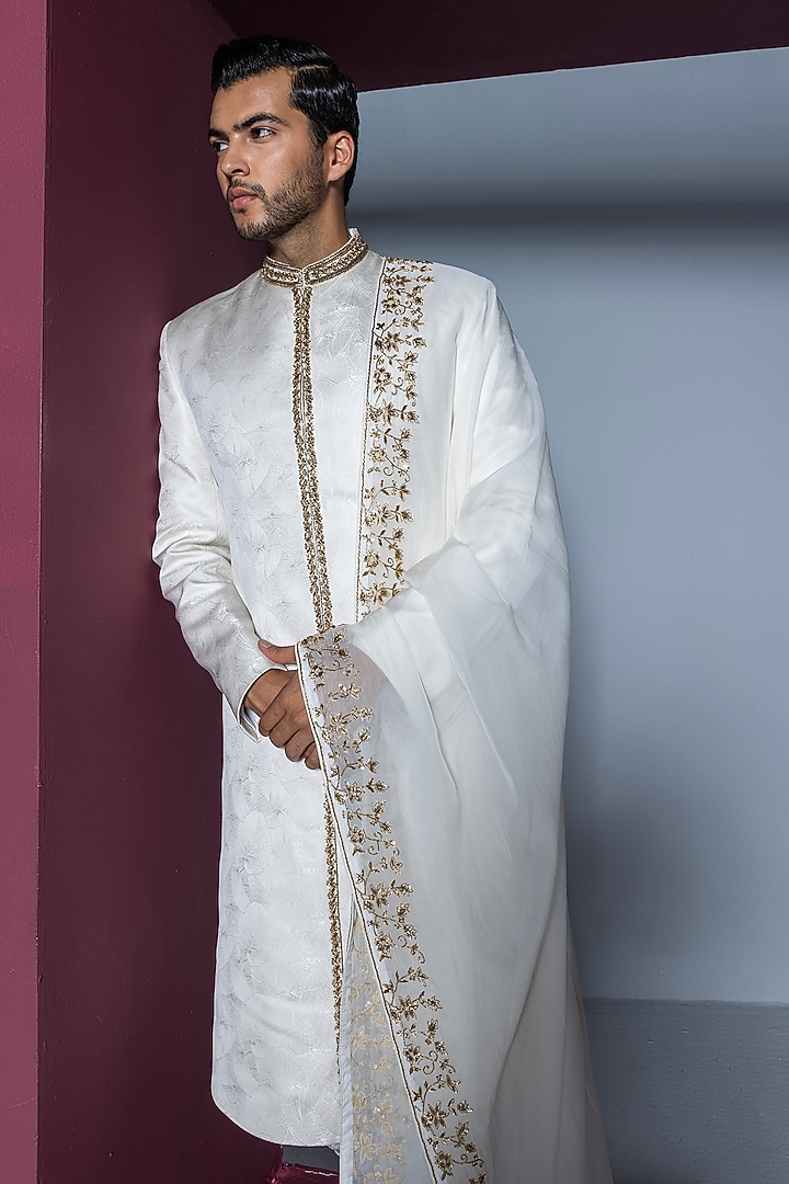 Off-White Jacquard Hand Embroidered Groom Sherwani Set by Contrast By Parth at Pernia's Pop Up Shop