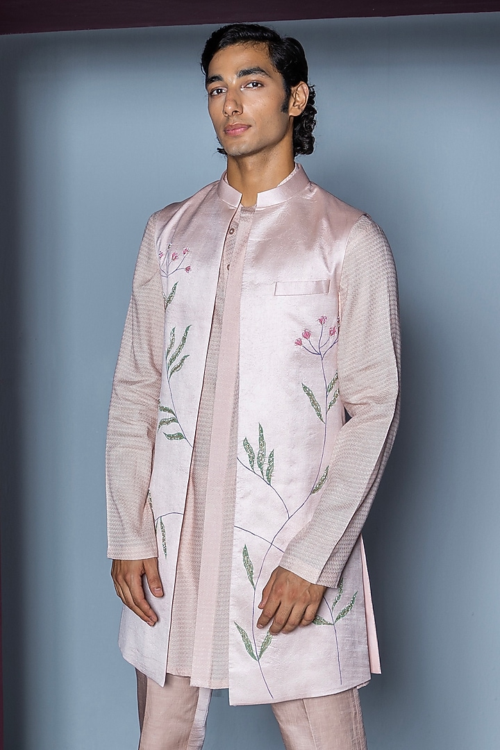 Blush Pink Pure Silk Handpainted Wedding Indowestern Set by Contrast By Parth at Pernia's Pop Up Shop