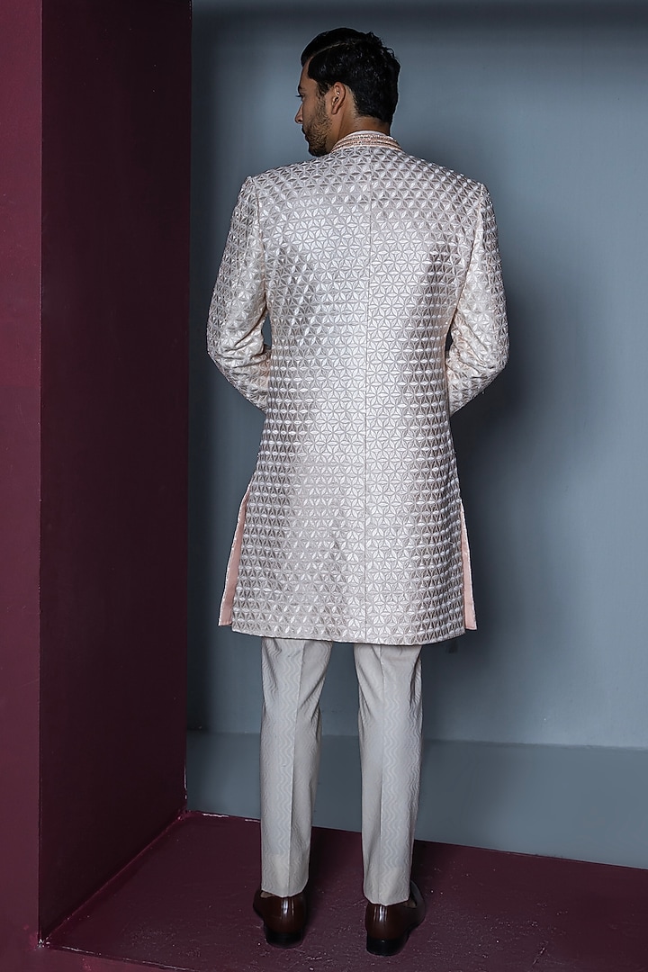 Pale Pink Pure Silk Hand Embroidered Open Wedding Sherwani Set by Contrast By Parth at Pernia's Pop Up Shop