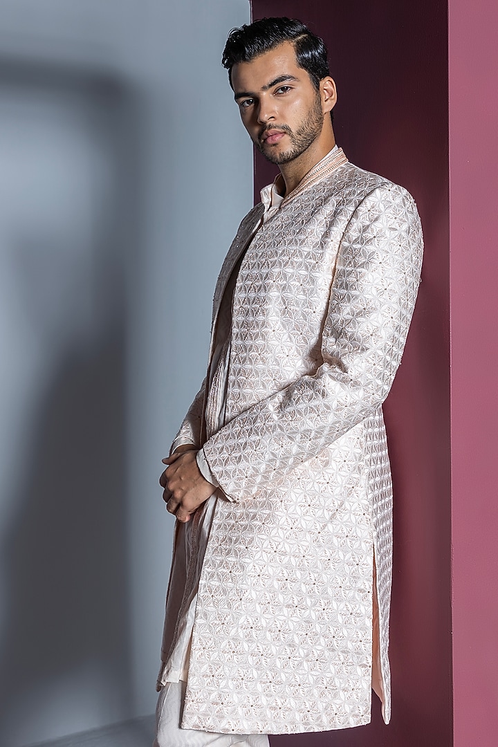 Pale Pink Pure Silk Hand Embroidered Open Wedding Sherwani Set by Contrast By Parth at Pernia's Pop Up Shop