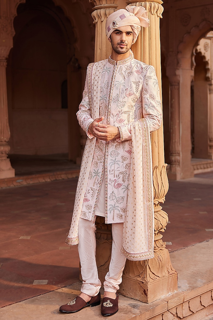 Nude Pink Raw Silk Resham & Dabka Embroidered Sherwani Set by Contrast By Parth