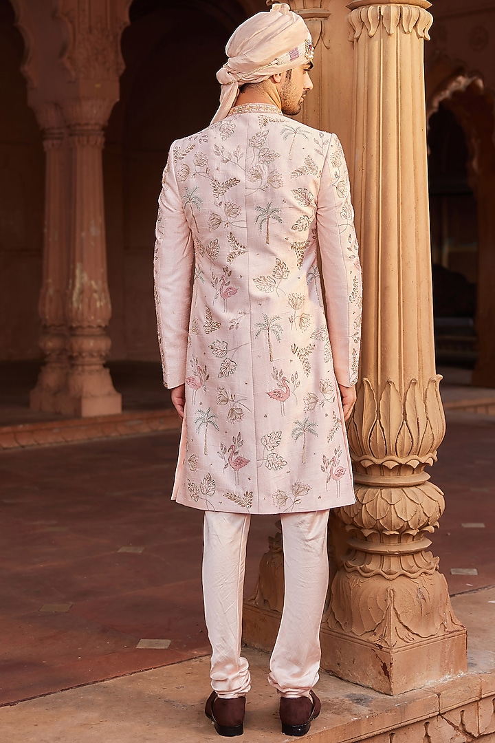 Nude Pink Raw Silk Resham & Dabka Embroidered Groom Sherwani Set by Contrast By Parth at Pernia's Pop Up Shop