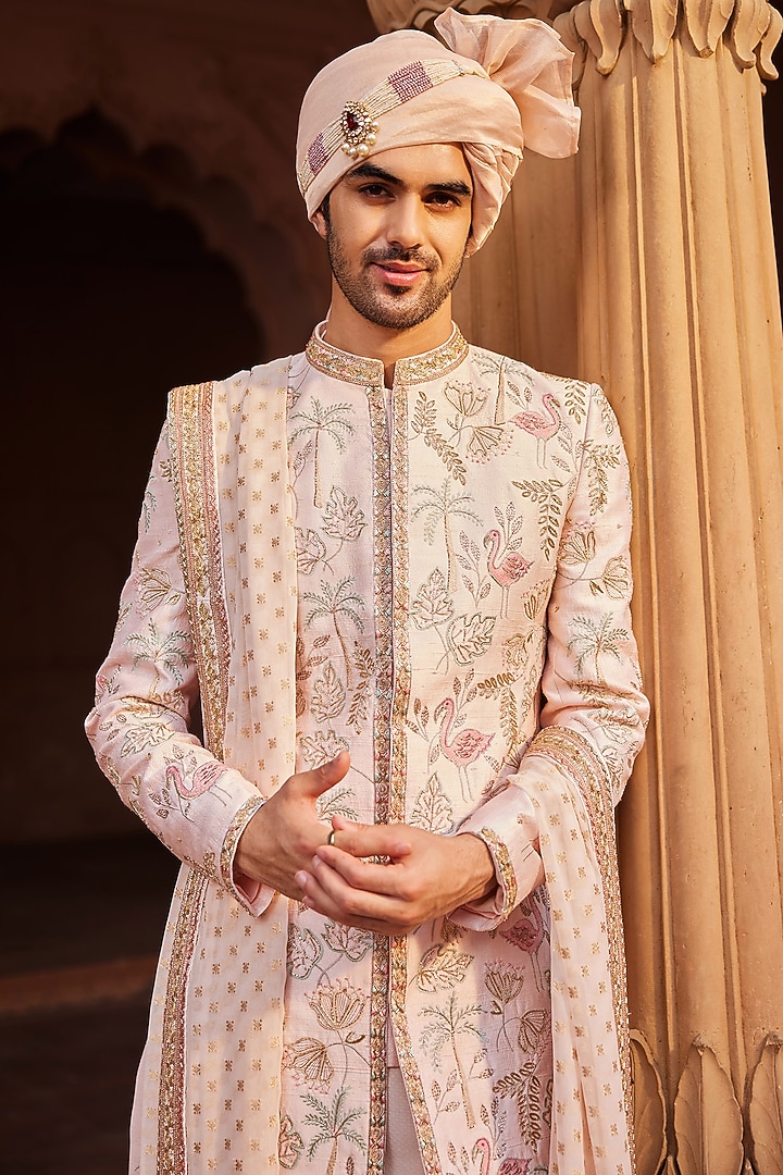 Nude Pink Raw Silk Resham & Dabka Embroidered Groom Sherwani Set by Contrast By Parth at Pernia's Pop Up Shop