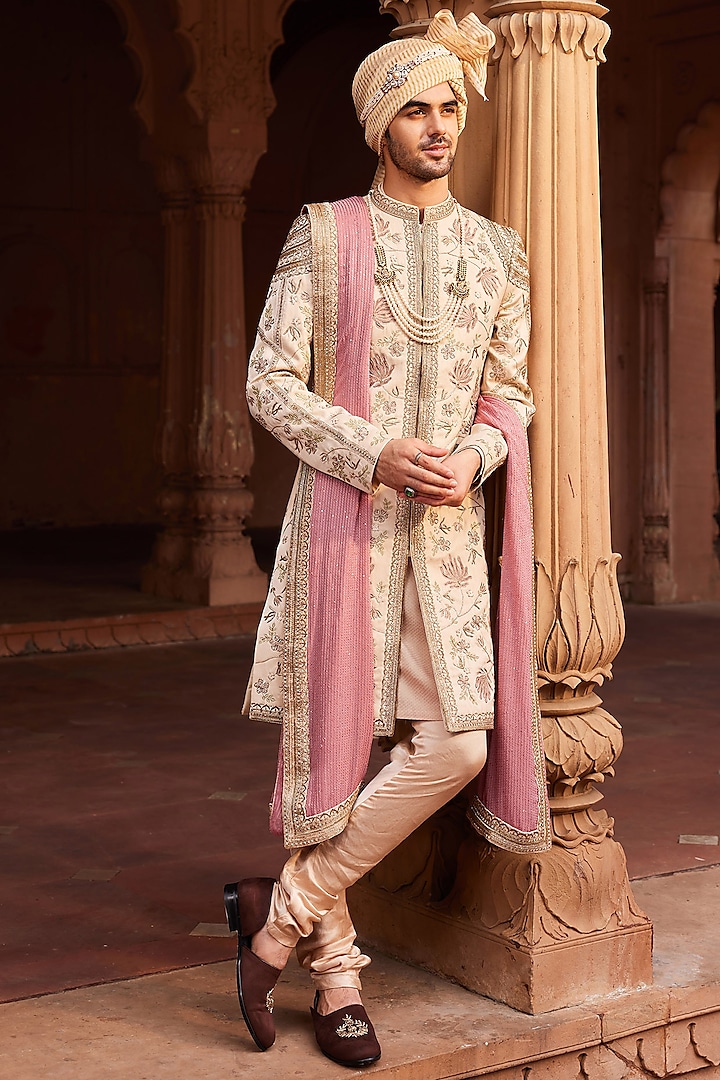 Beige Silk Jacquard Floral Hand Embellished Groom Sherwani Set by Contrast By Parth at Pernia's Pop Up Shop