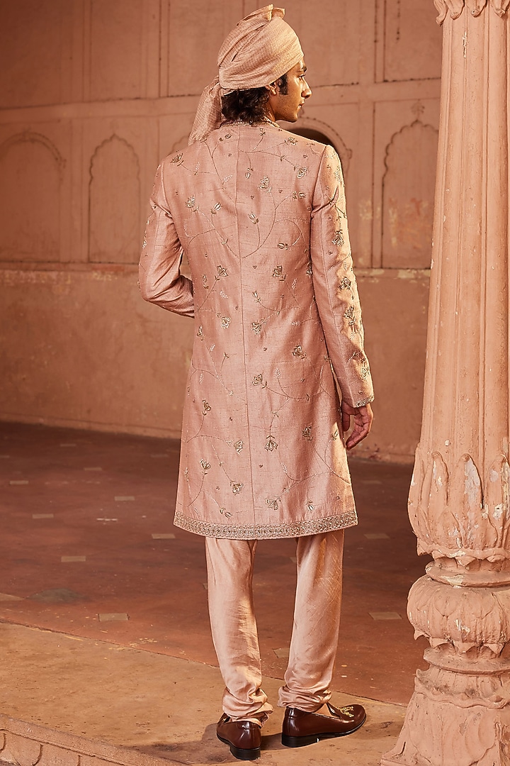 Rose Brown Raw Silk Thread & Dabka Embroidered Groom Sherwani Set by Contrast By Parth at Pernia's Pop Up Shop