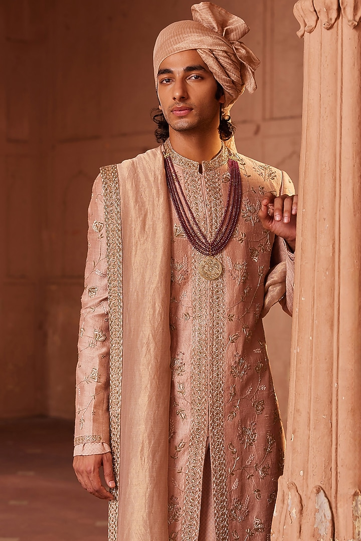 Rose Brown Raw Silk Thread & Dabka Embroidered Groom Sherwani Set by Contrast By Parth at Pernia's Pop Up Shop