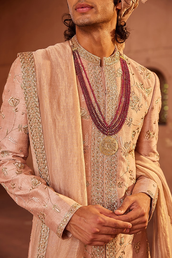 Rose Brown Raw Silk Thread & Dabka Embroidered Groom Sherwani Set by Contrast By Parth at Pernia's Pop Up Shop