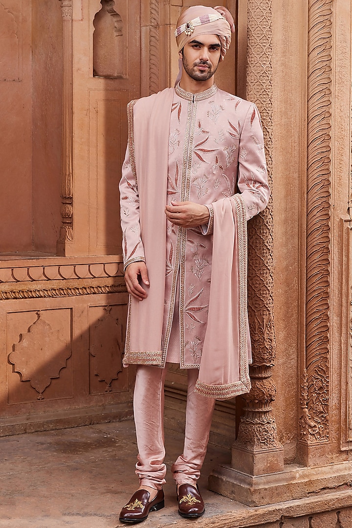 Nude Pink Silk Jacquard Applique & Zari Embroidered Groom Sherwani Set by Contrast By Parth at Pernia's Pop Up Shop